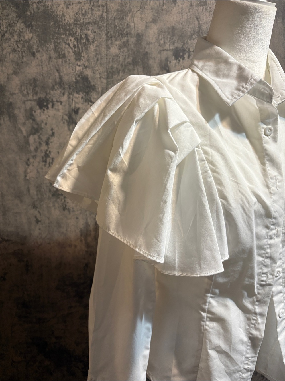 White Ruffled Shoulder Button-Front Women's Top - Picture 3 of 6